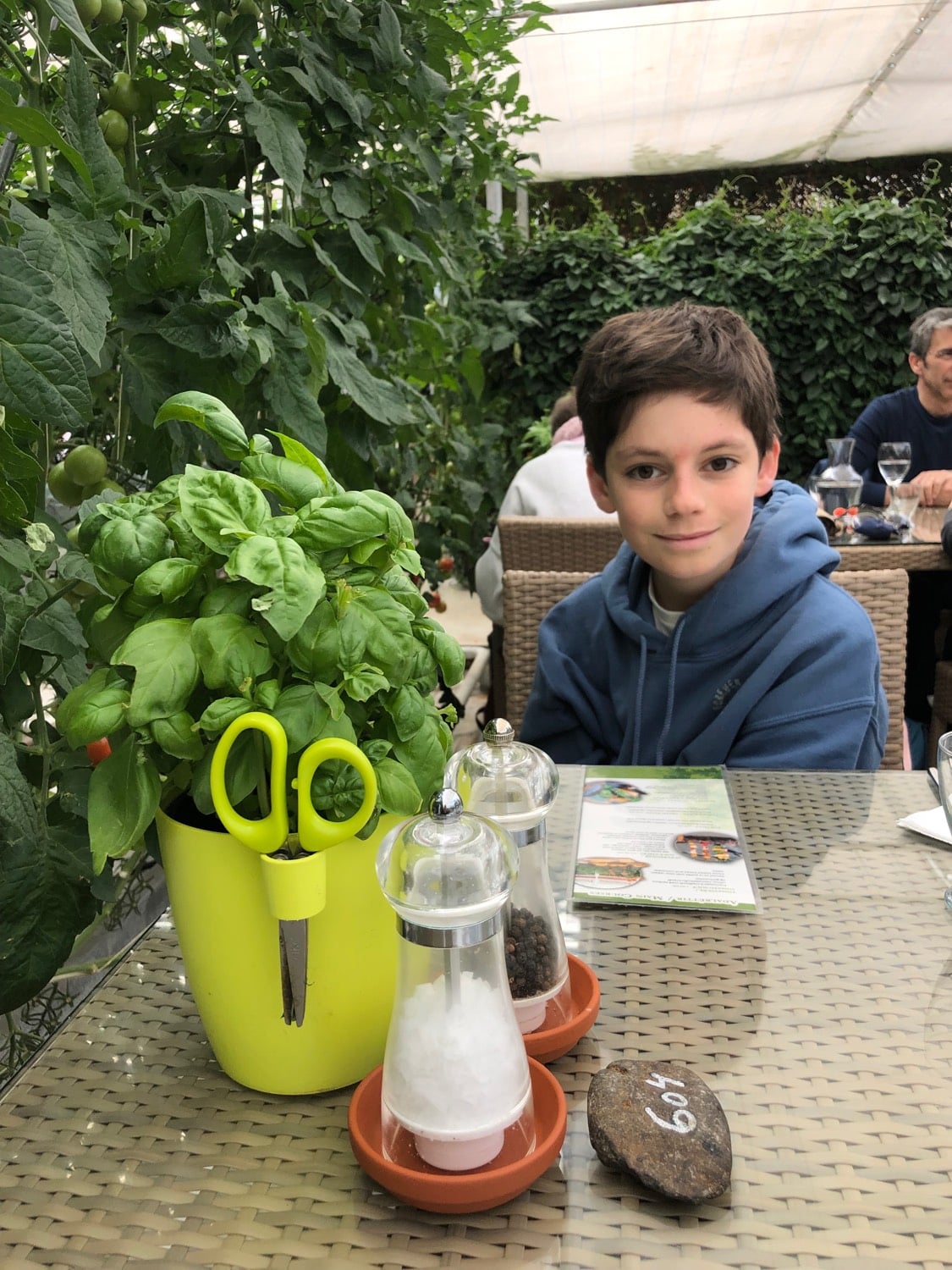 Boy at dinner in greenhouse type restaurant.