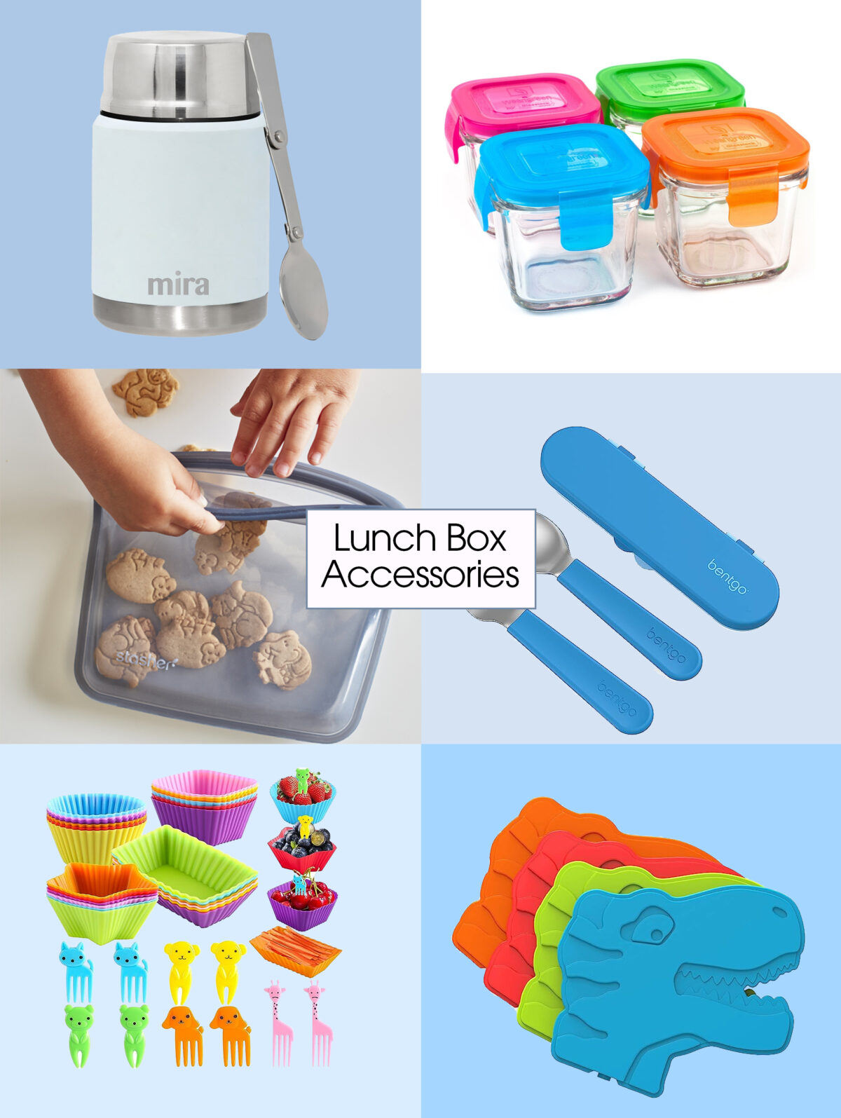 Lunch box accessories on a 2x3 grid.