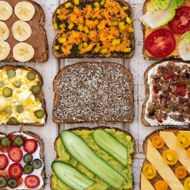 Nine open-faced vegetarian sandwiches in a 3x3 grid.