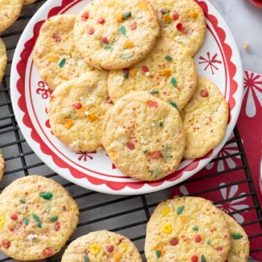 Cake Mix Sprinkle Cookies on red and white plate.
