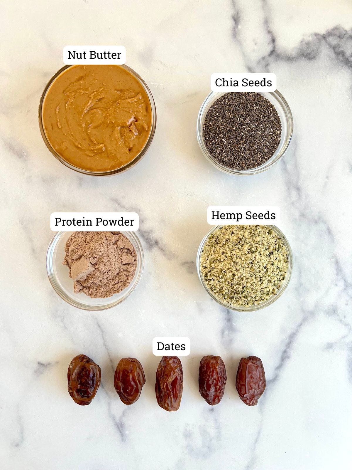 Ingredients needed to make protein balls.