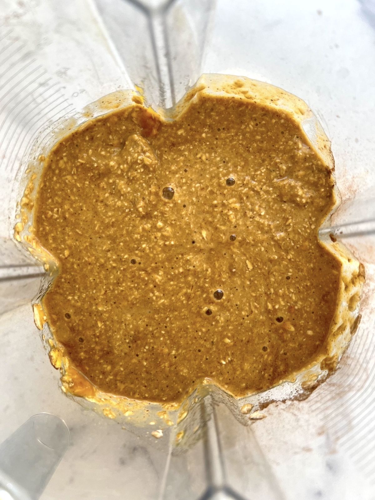 Blended flourless pumpkin muffins ingredients.