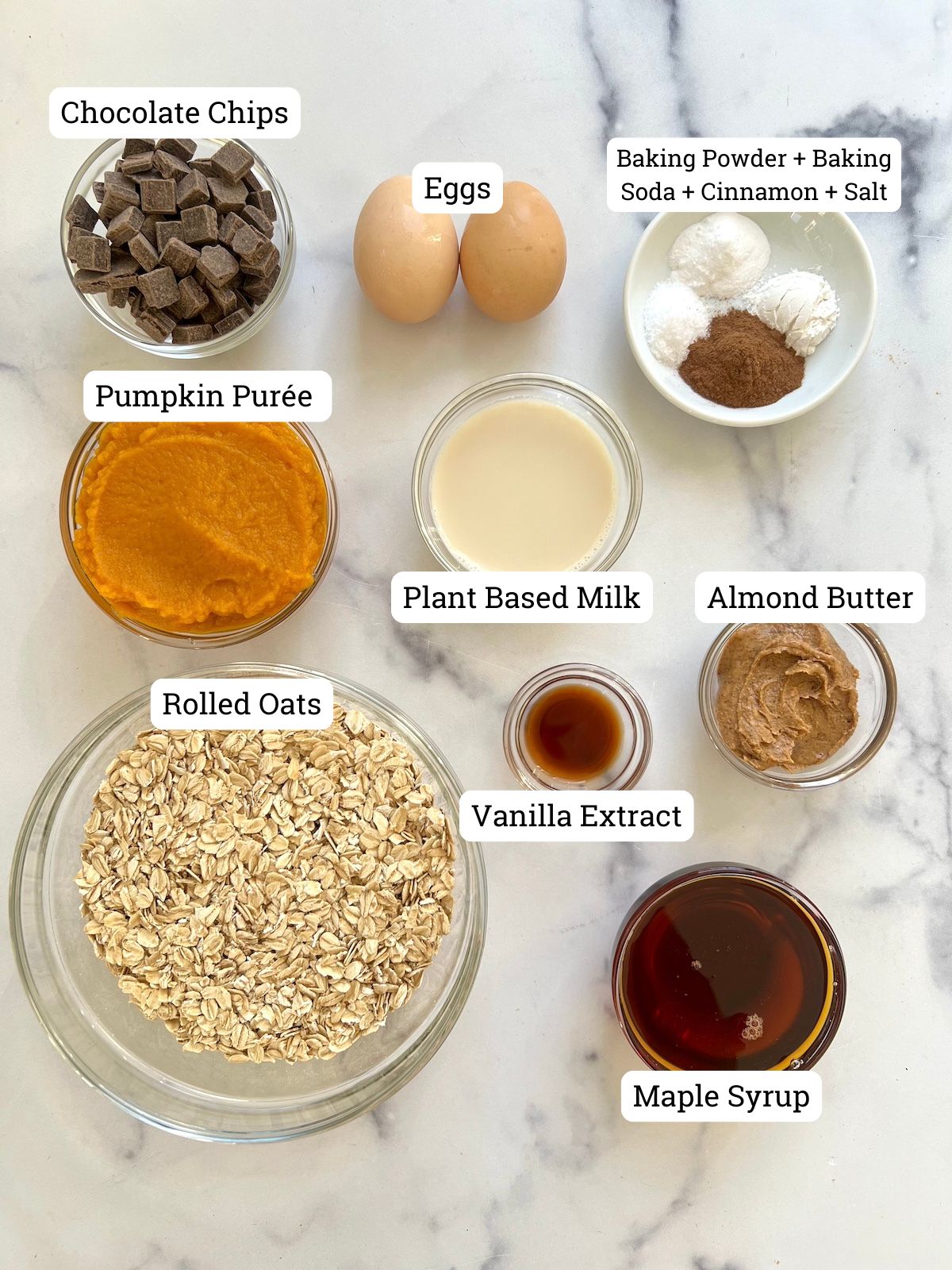 Flourless pumpkin chocolate muffins ingredients.