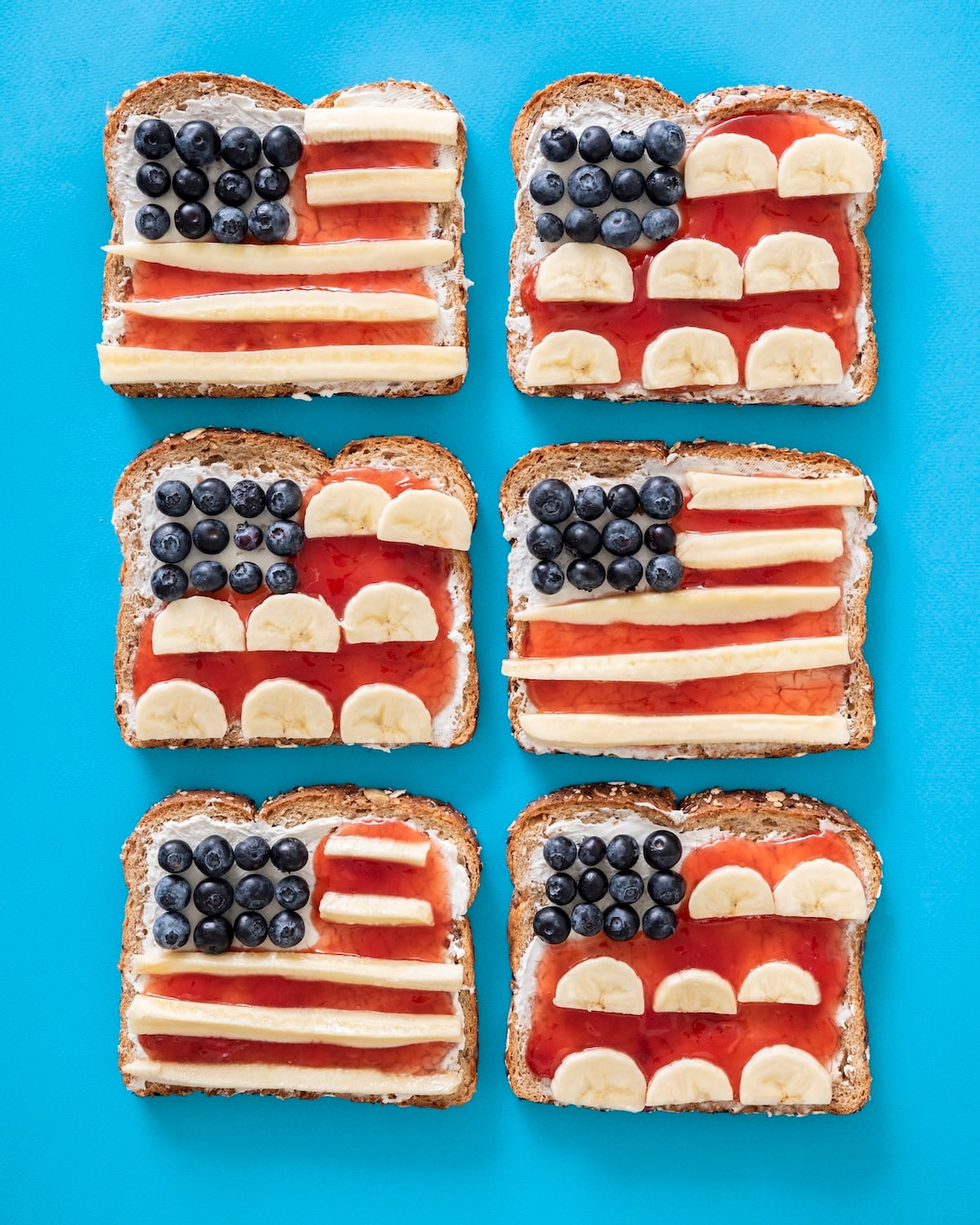 Six American Flag Toasts on a blue background.