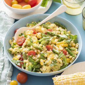 Summer pasta salad in serving bowl.