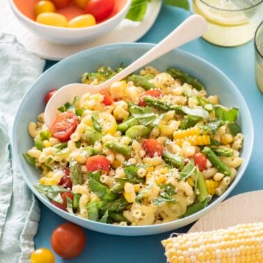 Summer pasta salad in serving bowl.