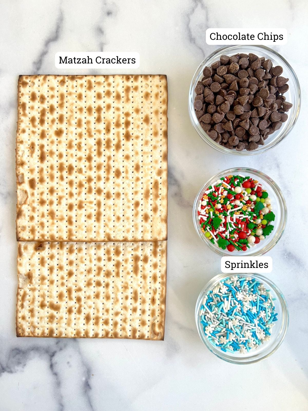 Ingredients for chocolate dipped matzah with sprinkles.