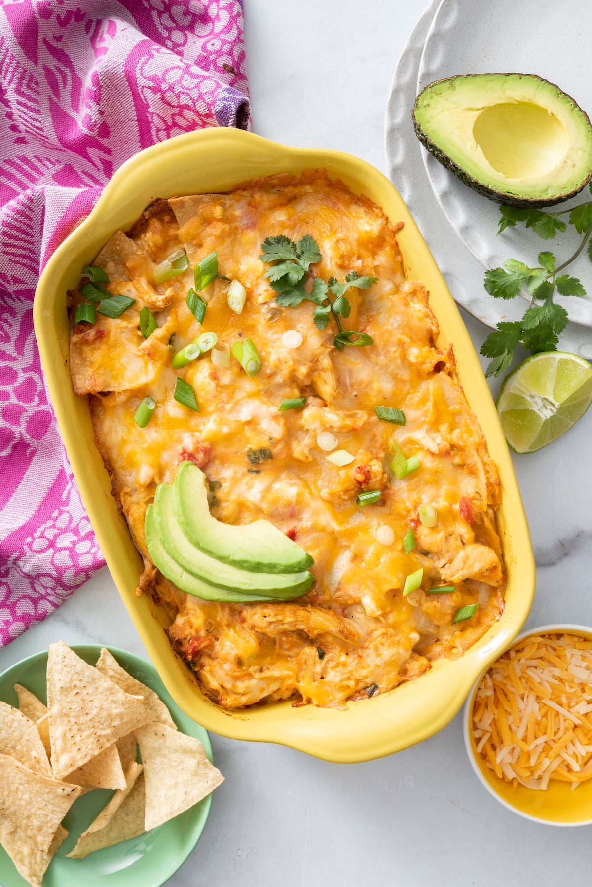 Mexican Lasagna in baking dish.