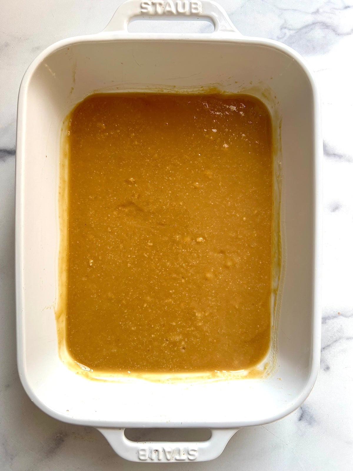 Miso, agave and mirin combined in baking dish.