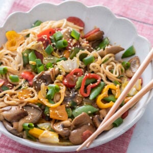 Ramen noodle stir fry in serving bowl.