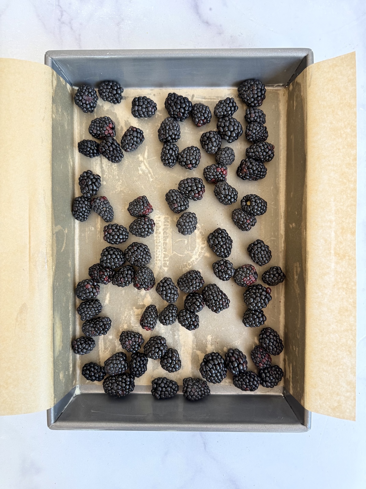 Fresh blackberries arranged in an even layer in a parchment-lined baking pan.