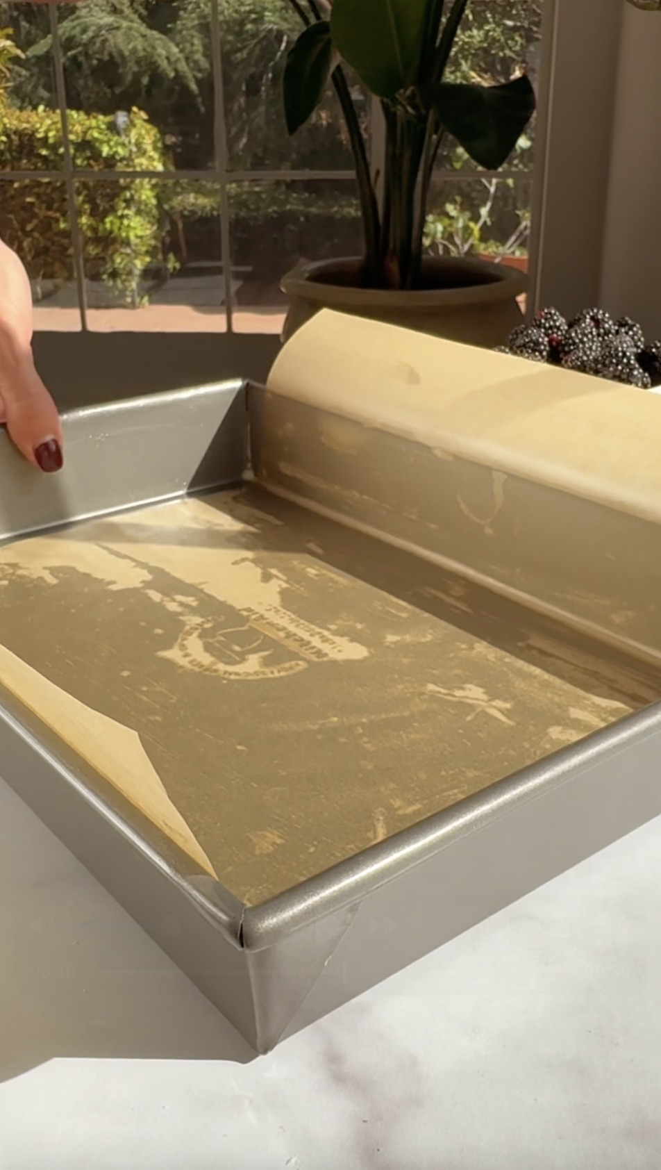 A 13x9 inch pan prepared with butter, flour and parchment paper.