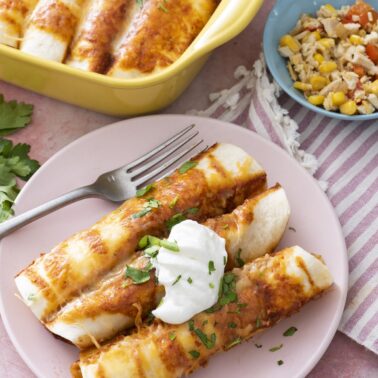 Mexican chicken enchiladas plated next to a baking dish of enchiladas.