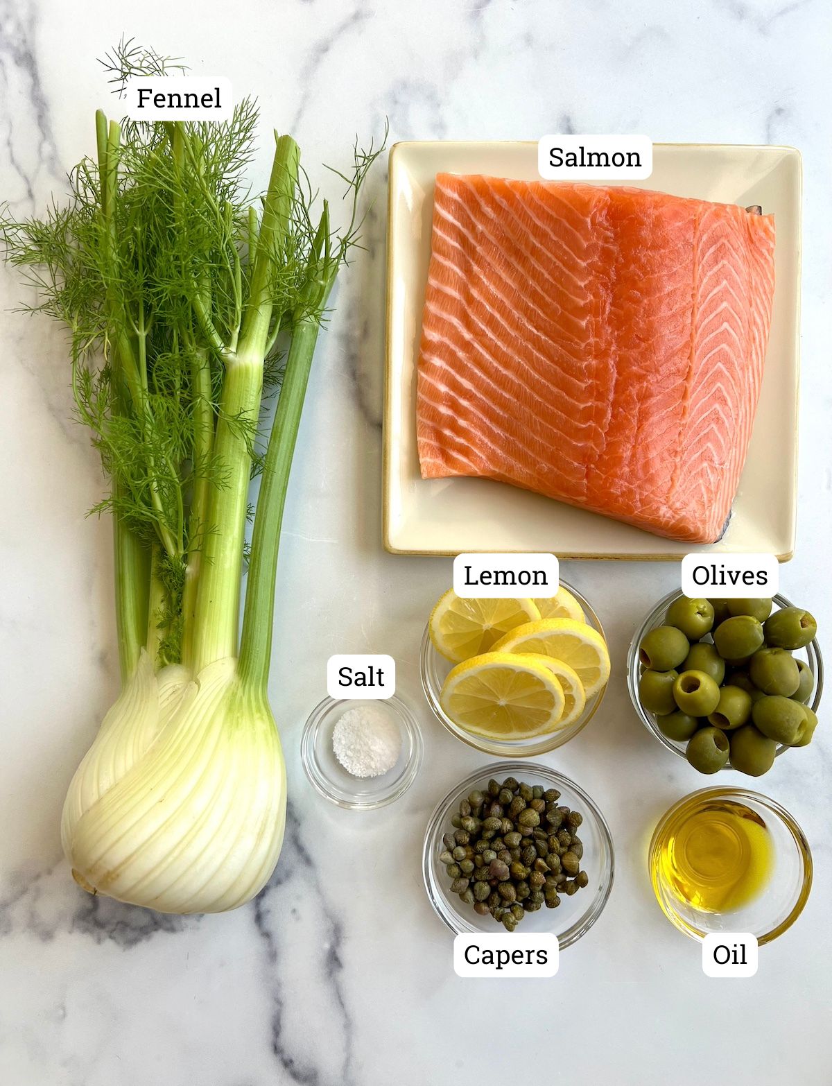 Ingredients for salmon with fennel, citrus and olives.