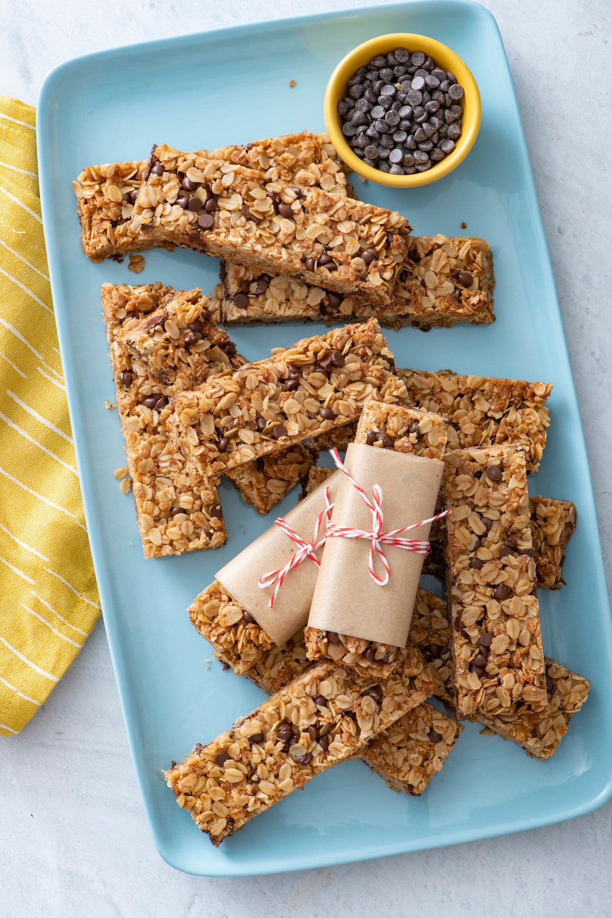 Granola bars on blue serving platter.