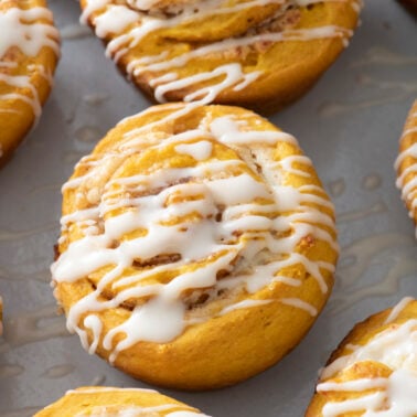 Quick pumpkin cinnamon rolls with glaze.