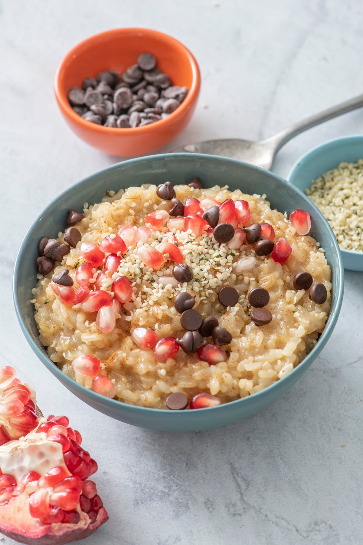Leftover rice pudding in a blue bowl.
