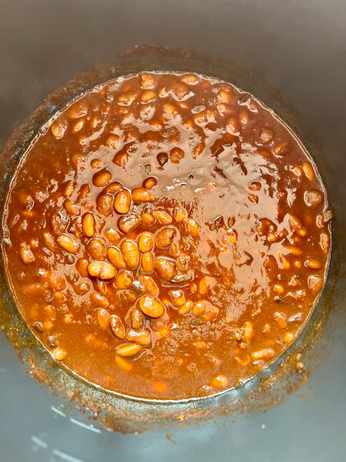 Baked beans in a slow cooker.