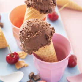 Dairy free chocolate cherry ice cream in cones.