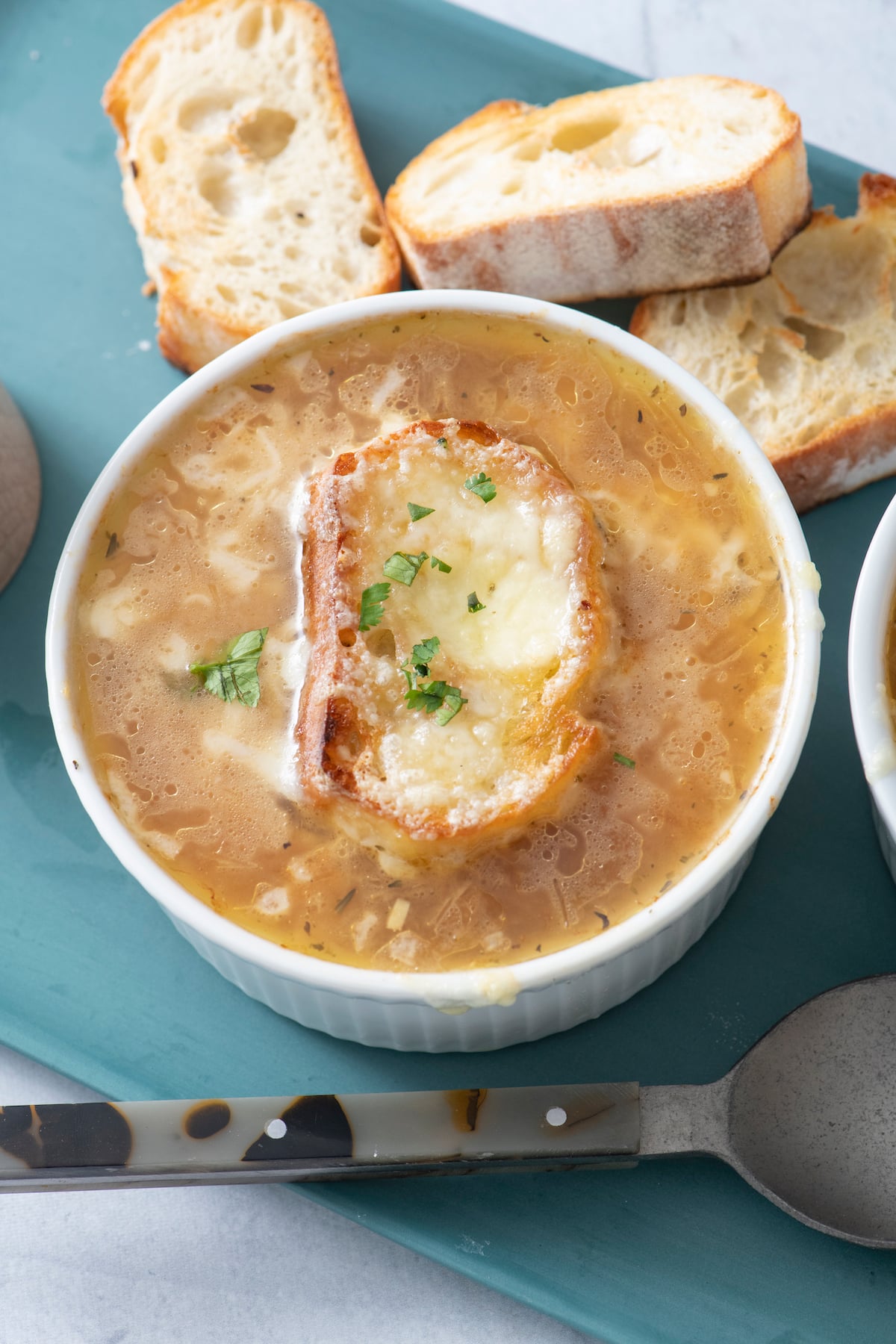 overhead shot of french onion soup