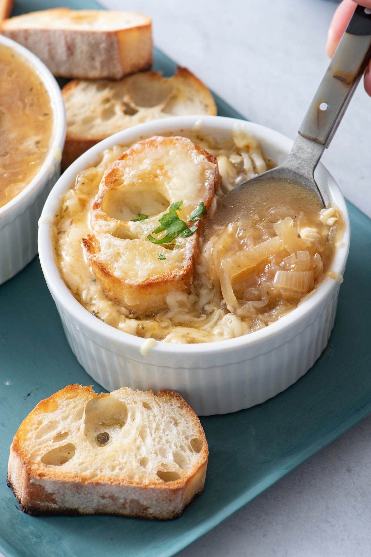 close up of french onion soup