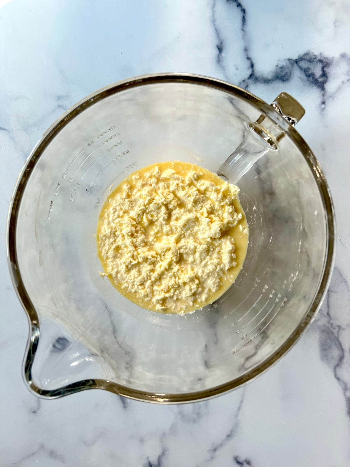 Wet ingredients in a mixing bowl.