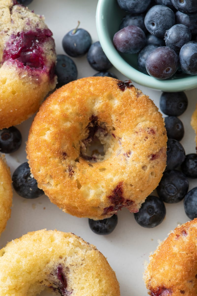Baked blueberry doughnut on top of fresh blueberries.