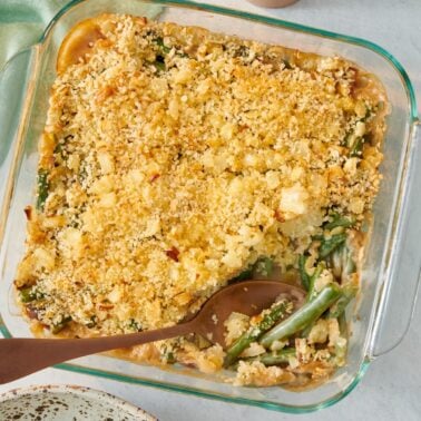 Green bean casserole in a glass baking dish.