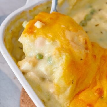 Scooping leftover Thanksgiving turkey shepherd's pie.