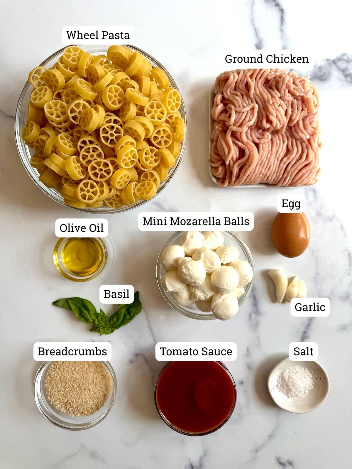 Ingredients for Chicken Meatballs with Wheel Pasta.
