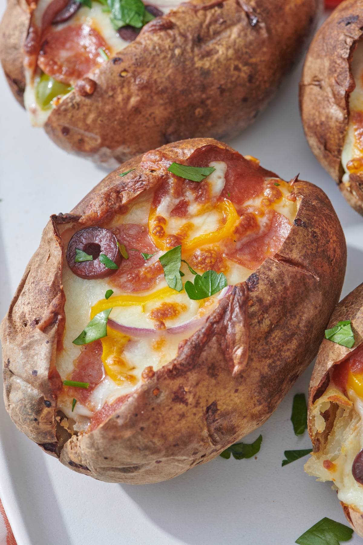 Pizza stuffed baked potato after baking.