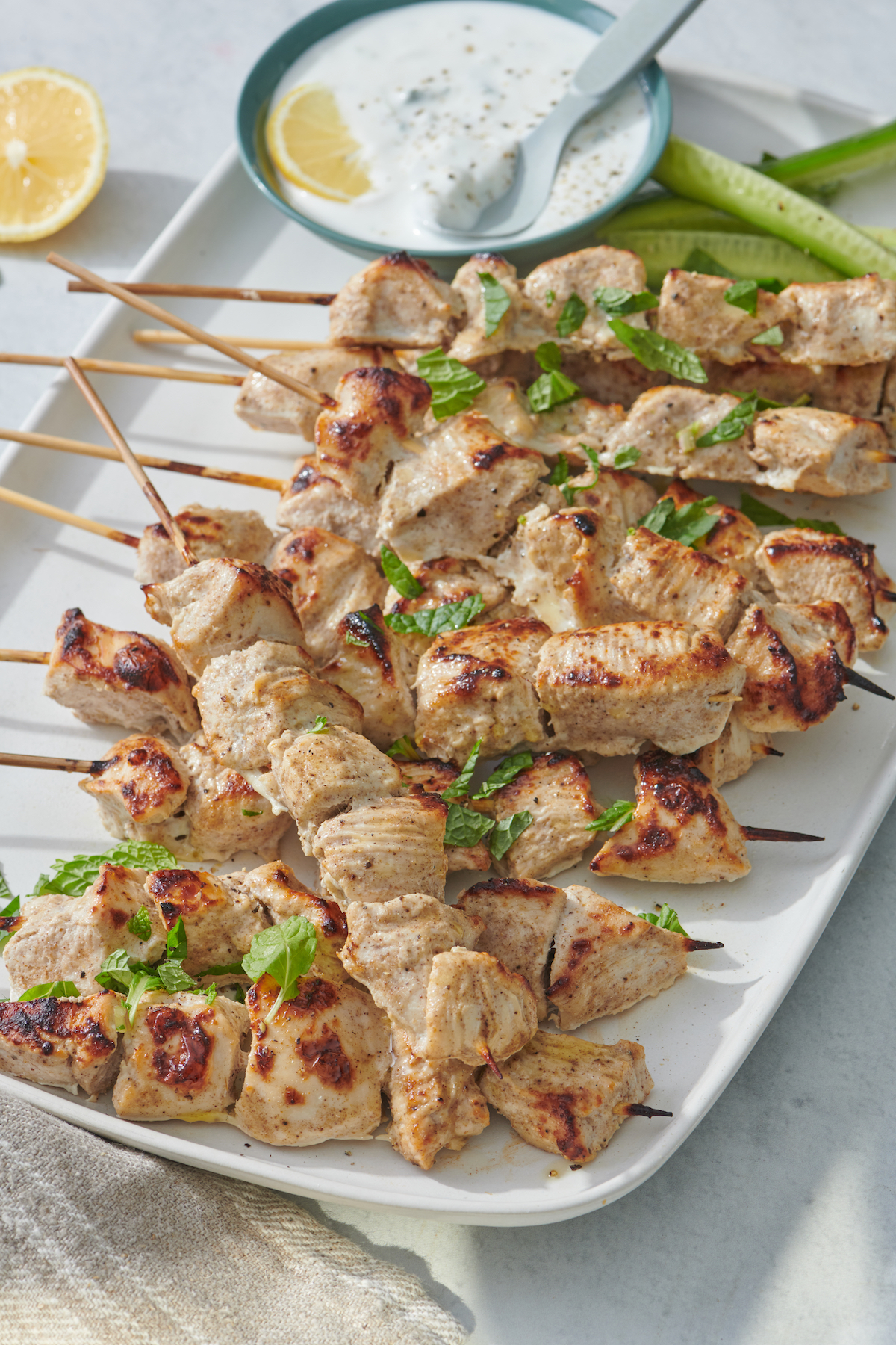 Chicken tikka with cucumber mint raita.