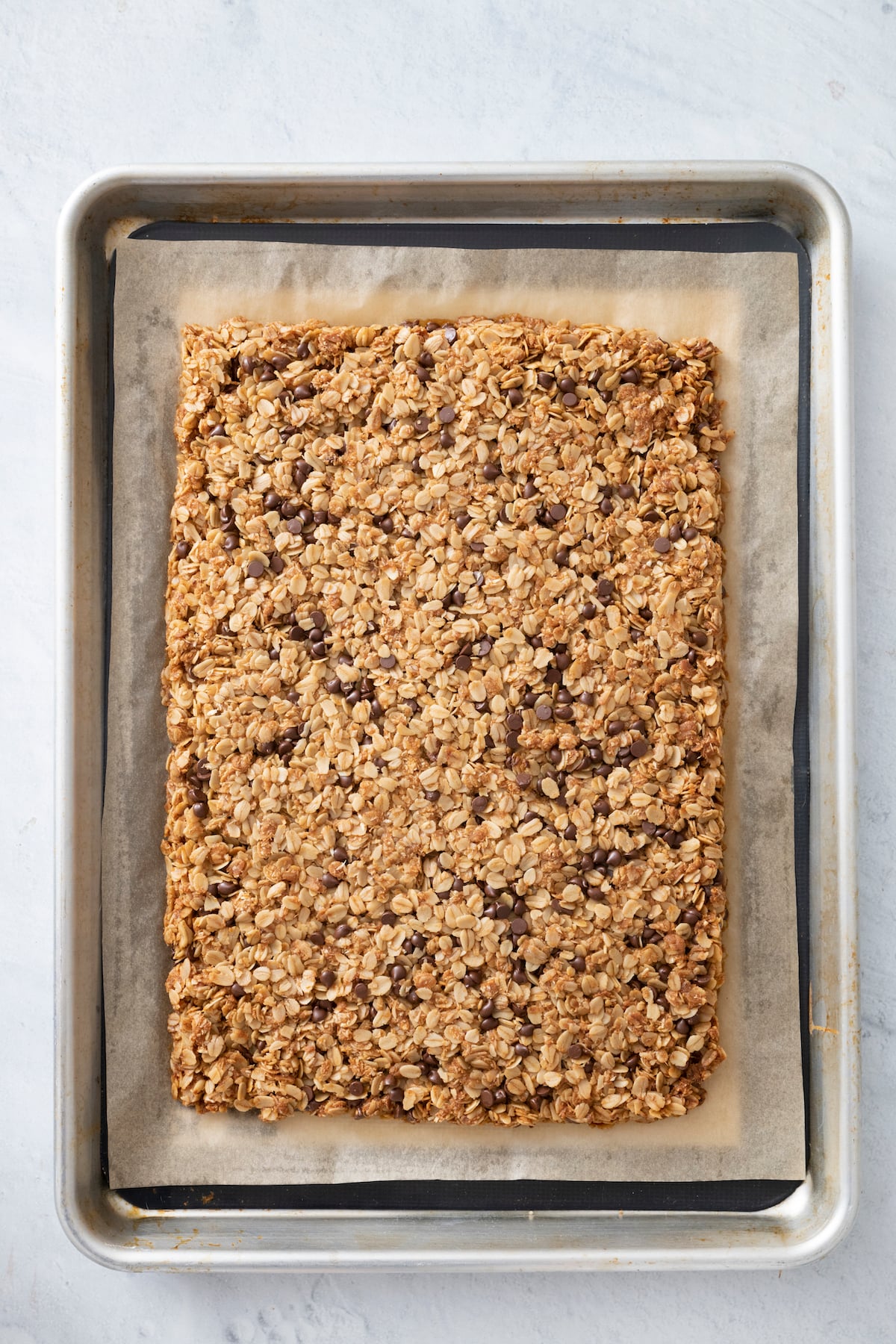 Chocolate chip granola bar slab.