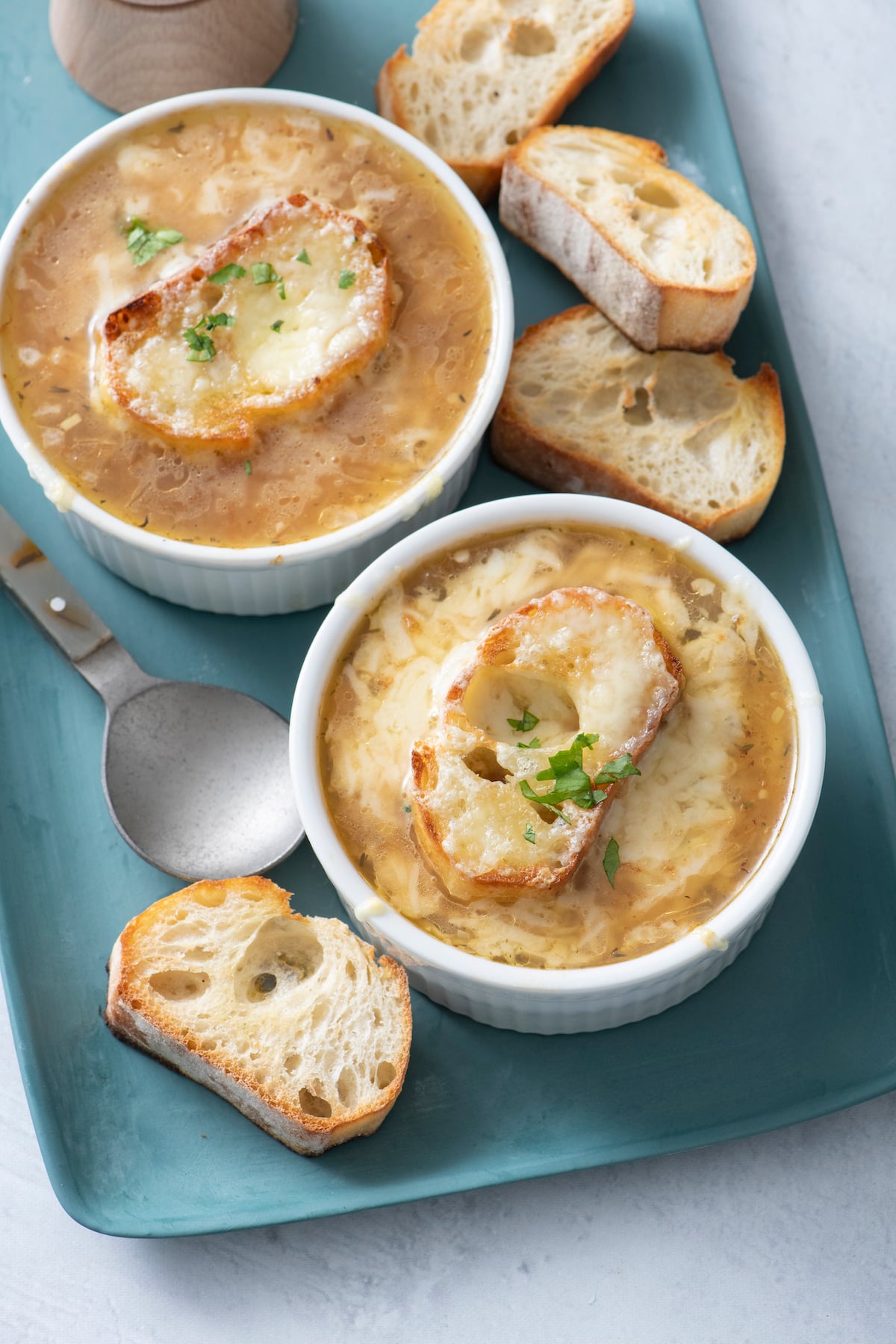 two servings of french onion soup