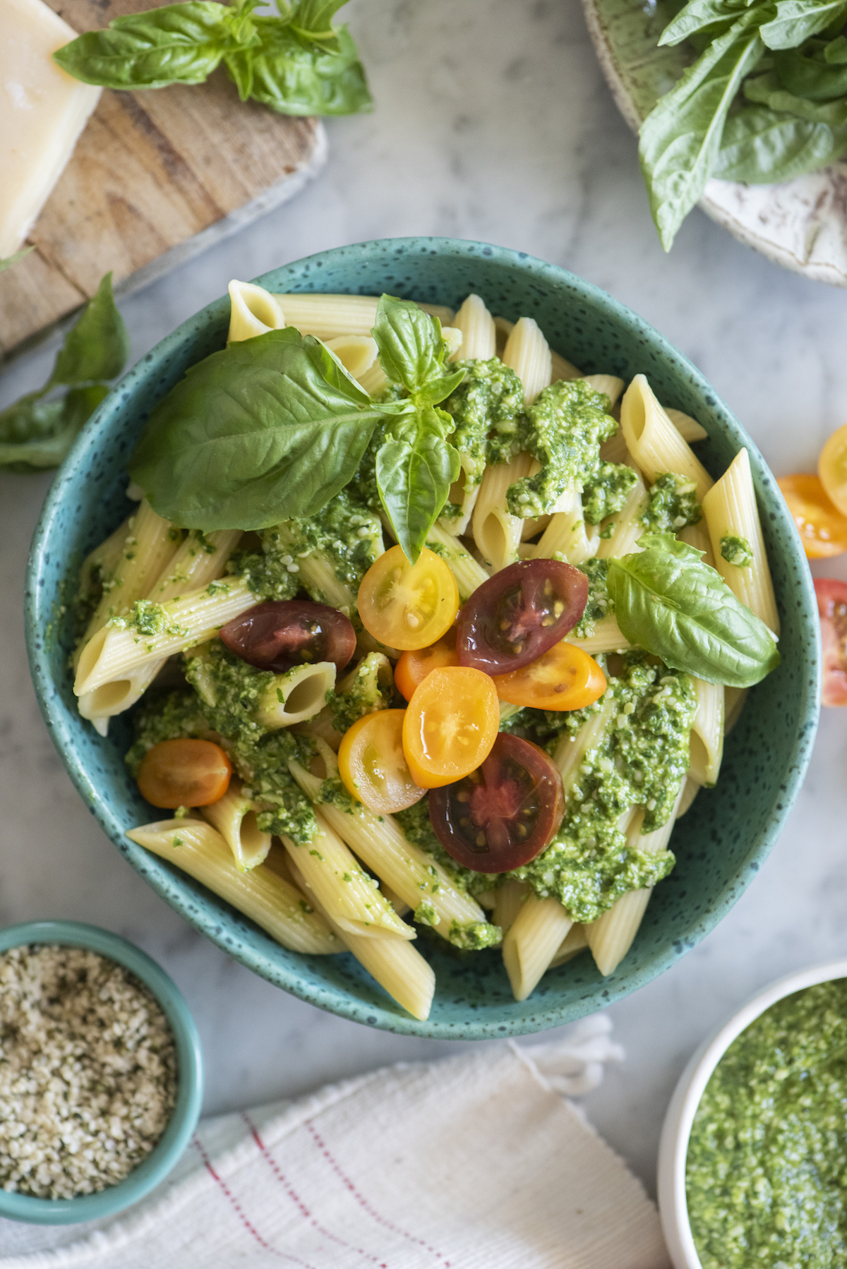 pasta with pesto and cherry tomatoes