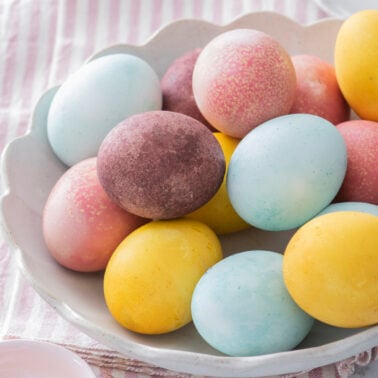 Naturally dyed Easter eggs in a bowl.