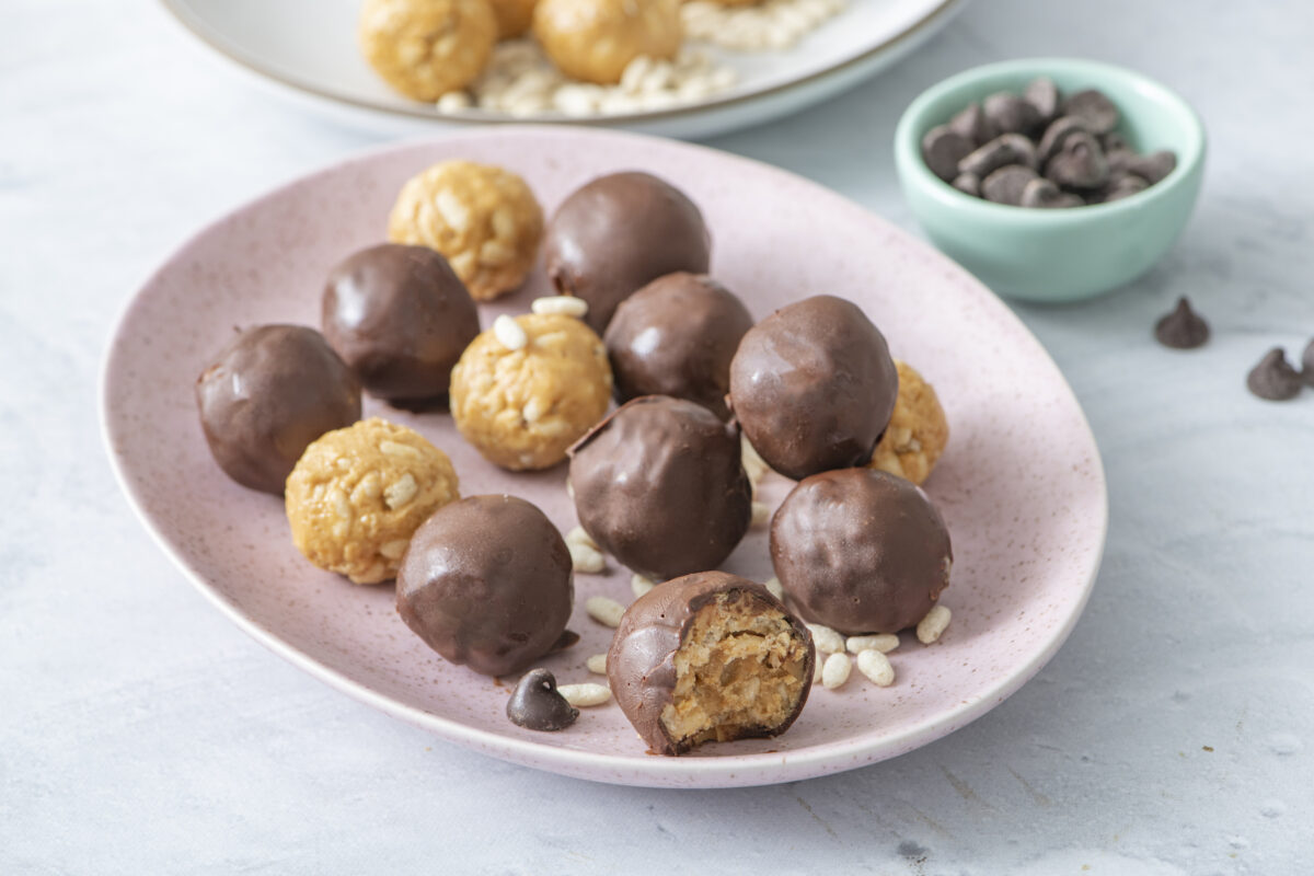 serving platter with chocolate crispy rice bites