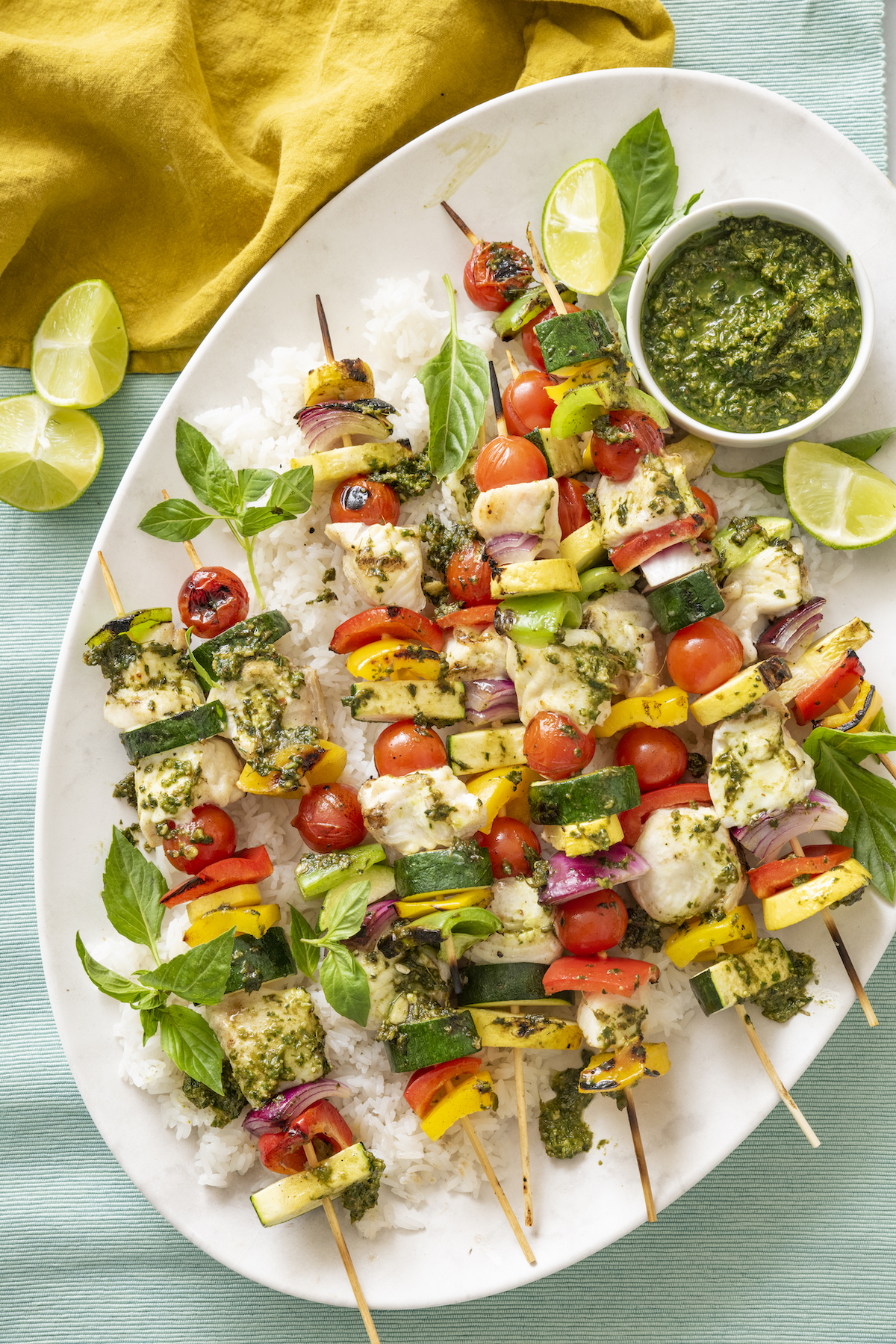 halibut pesto kabobs with side of pesto