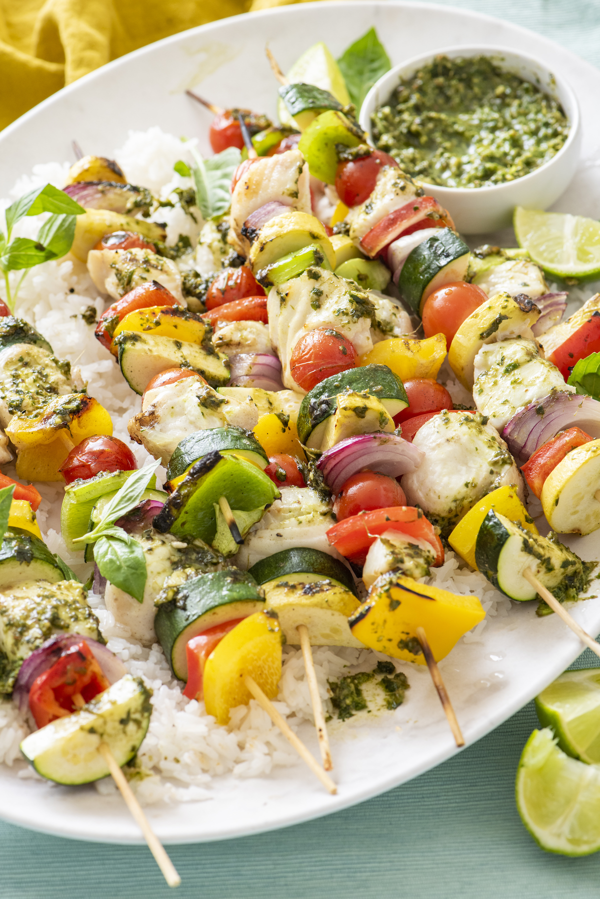 halibut vegetable kabobs on bed of rice