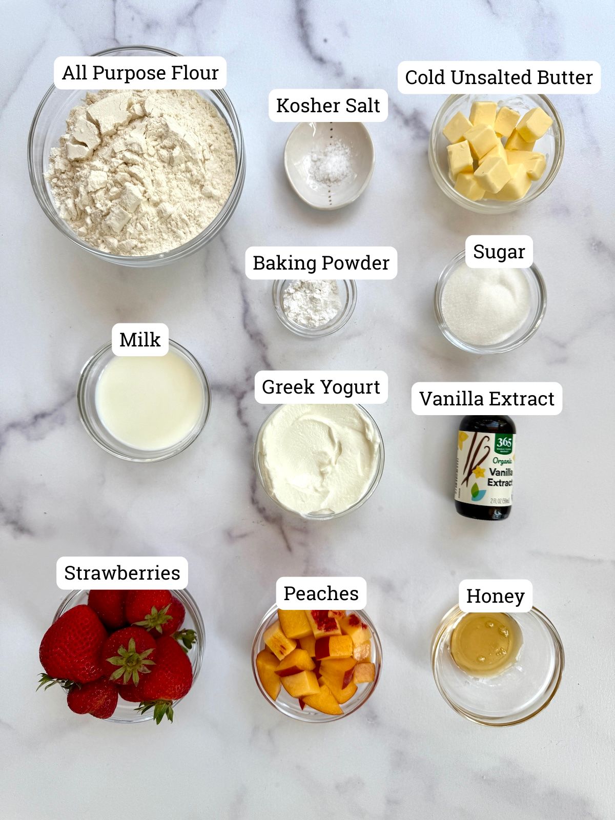 Ingredients for strawberry & peach shortcakes.
