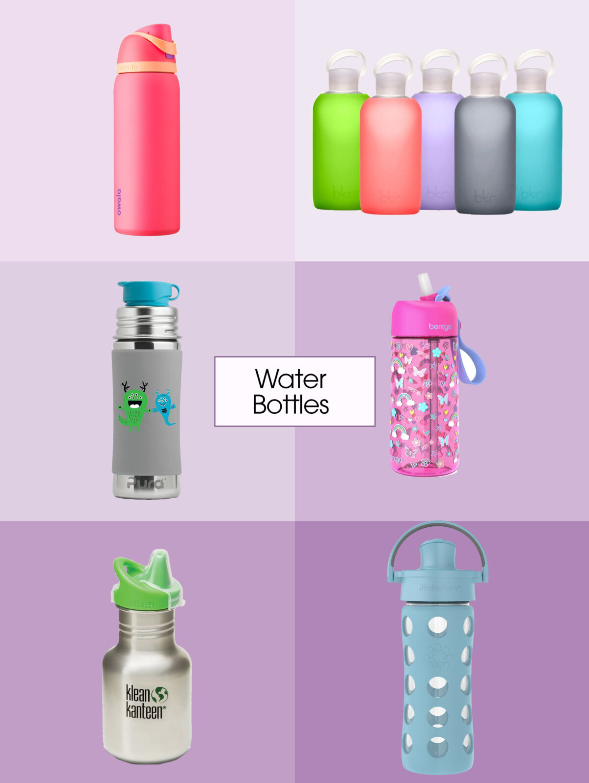 Six different water bottles on a 2x3 grid.