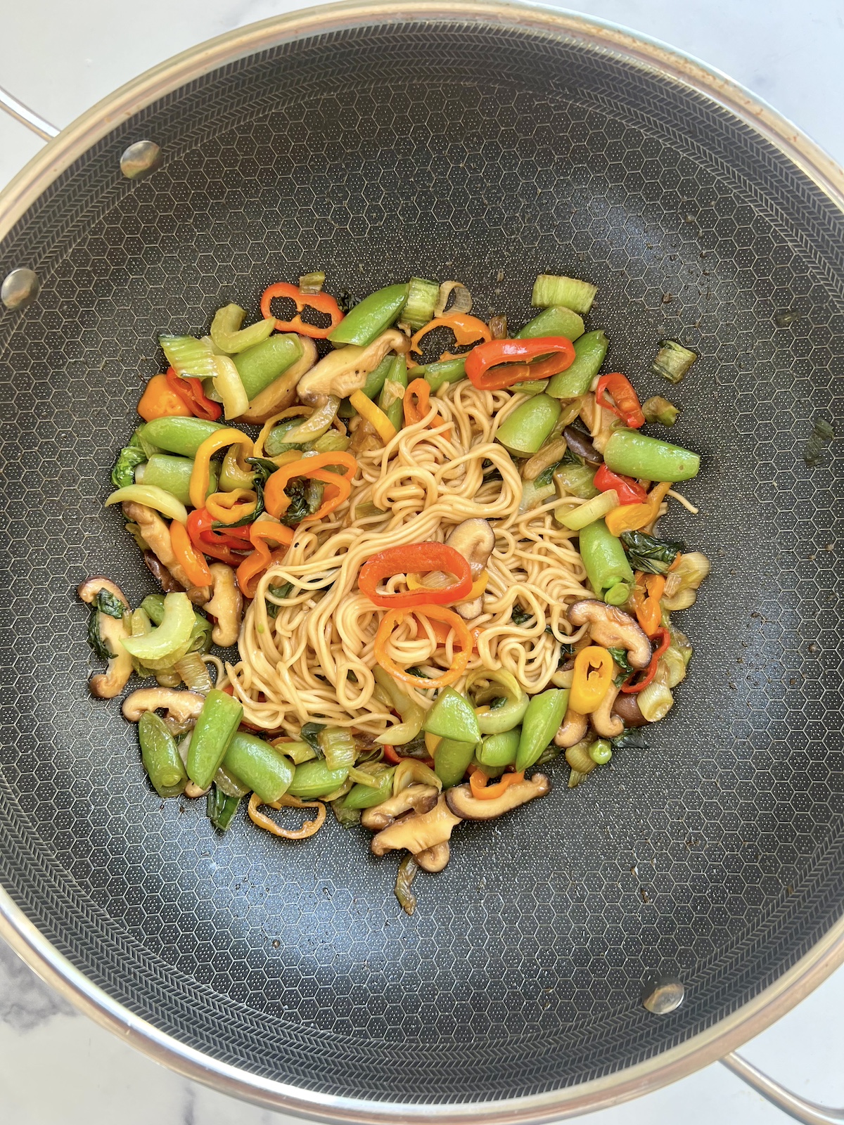 Ramen Noodle Stir Fry in sauté pan.