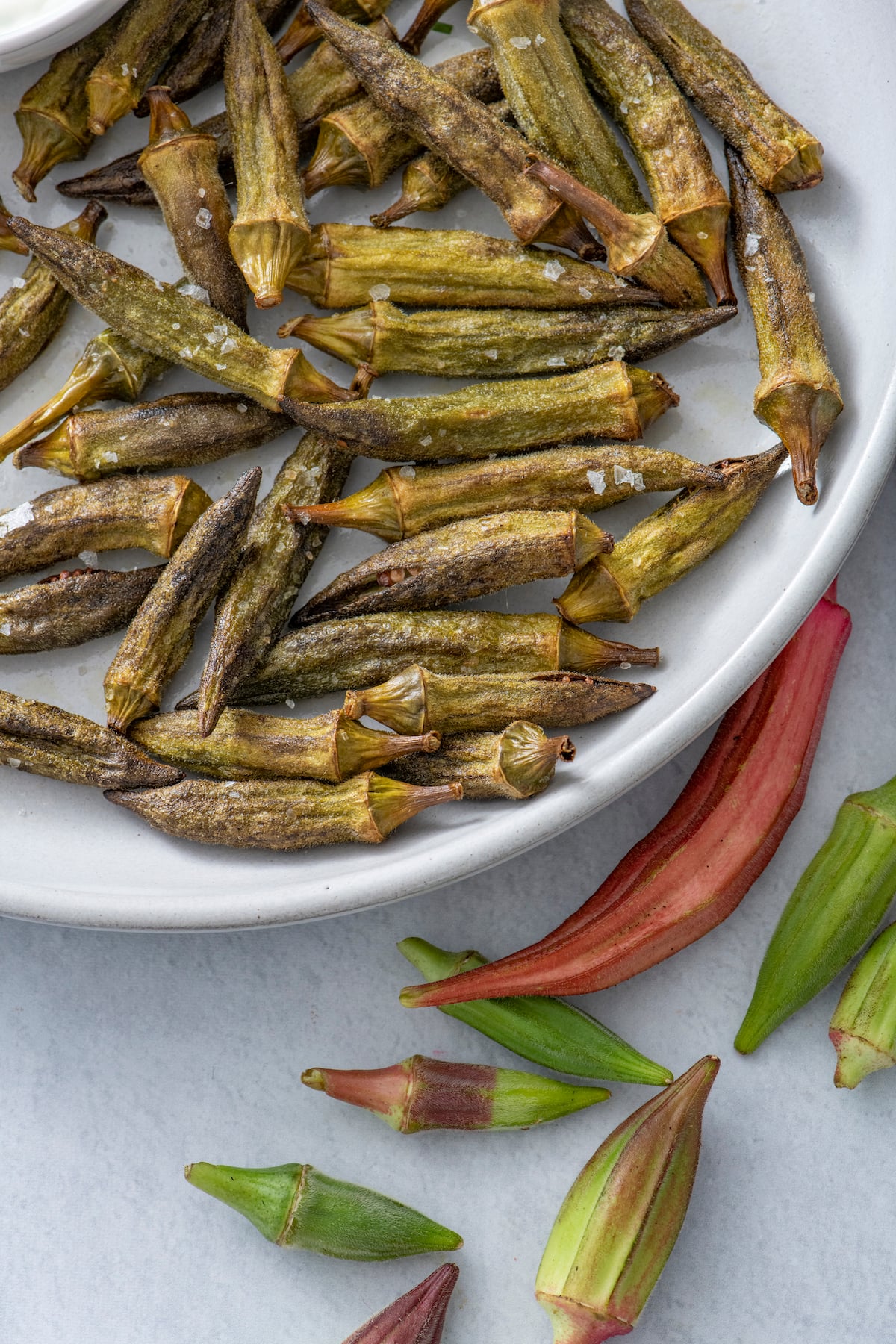 Air Fryer Okra on white plate.