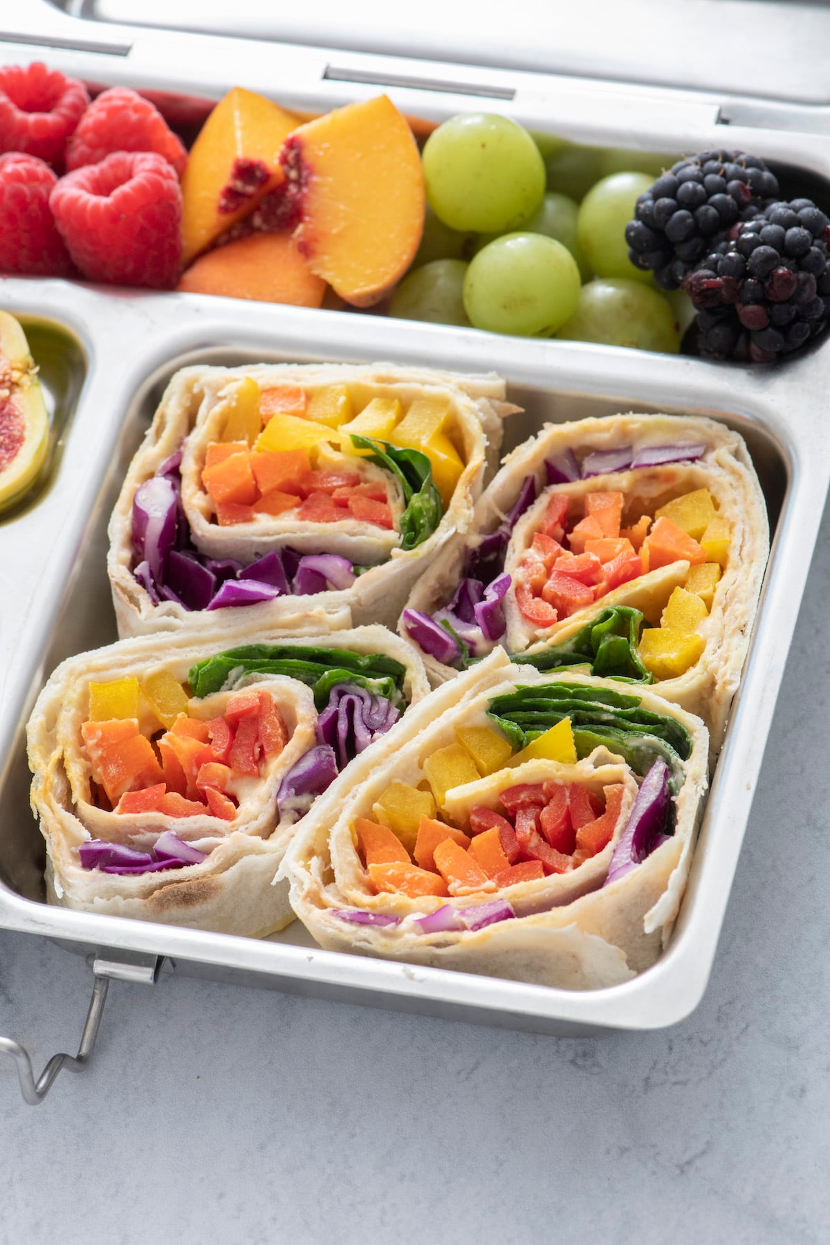 Rainbow roll-ups in a lunch box.