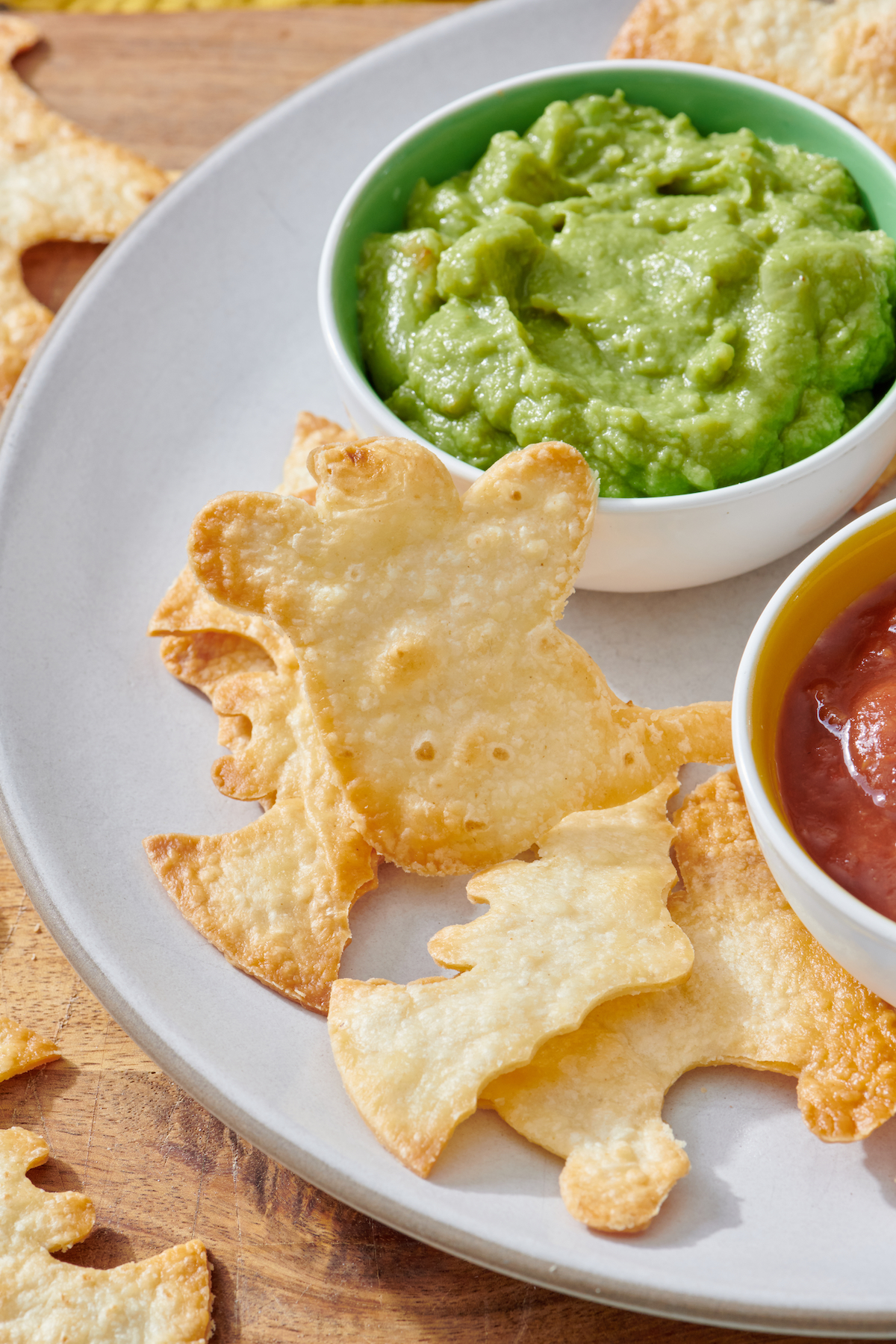 Close up of ghost shaped tortilla chip.