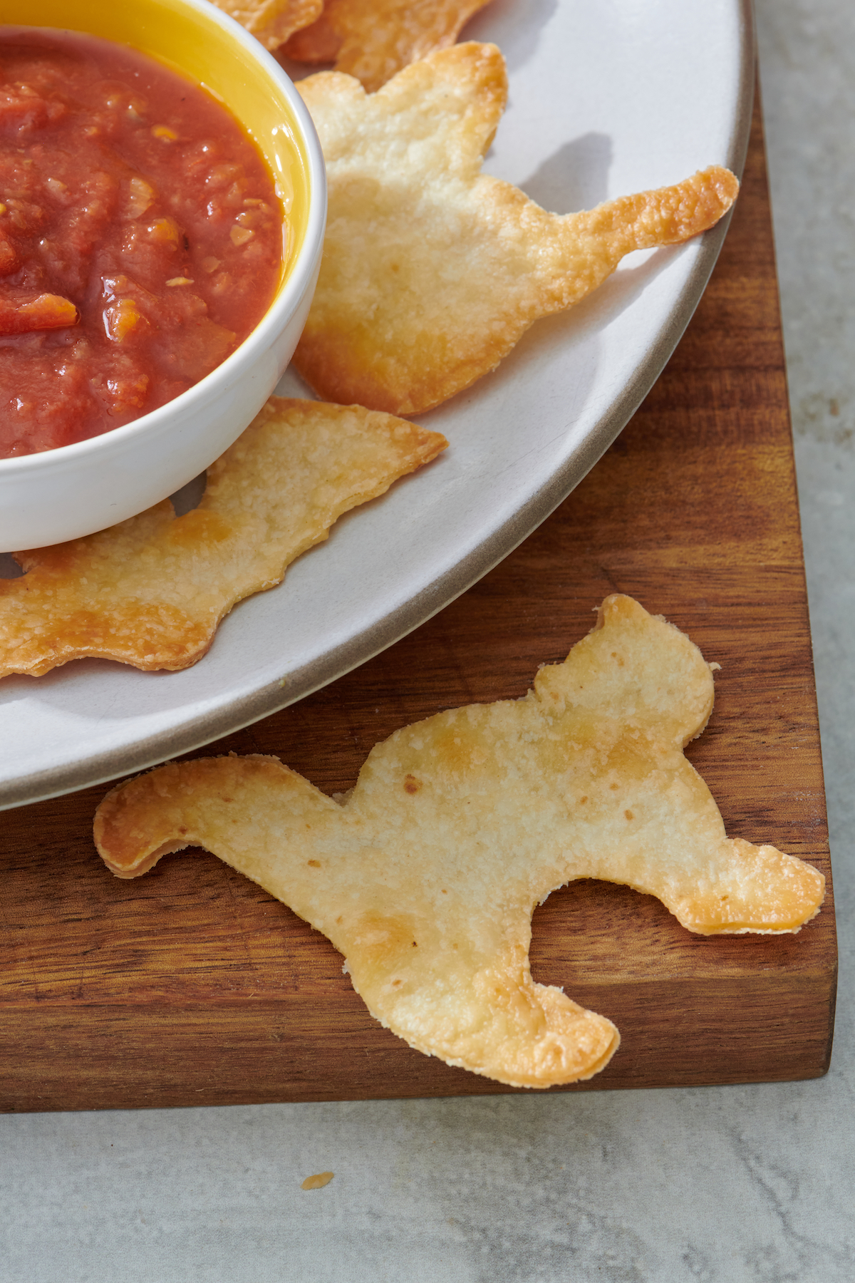 Close up of cat shaped tortilla chip.