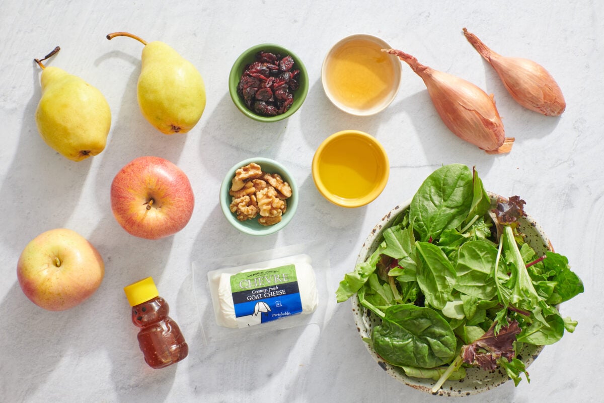 The Ingredients for apple, pear and goat cheese fall salad.