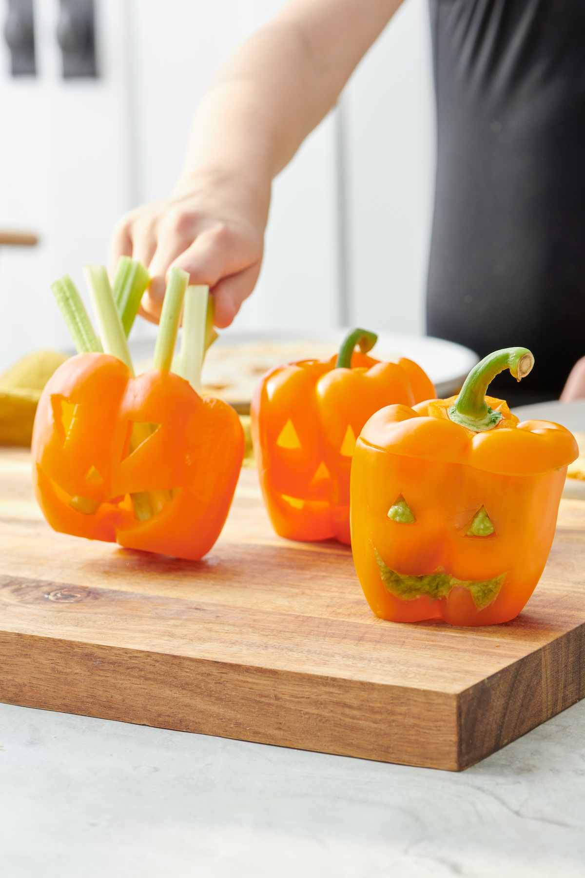 Jack-o'-lantern bell peppers for Halloween.