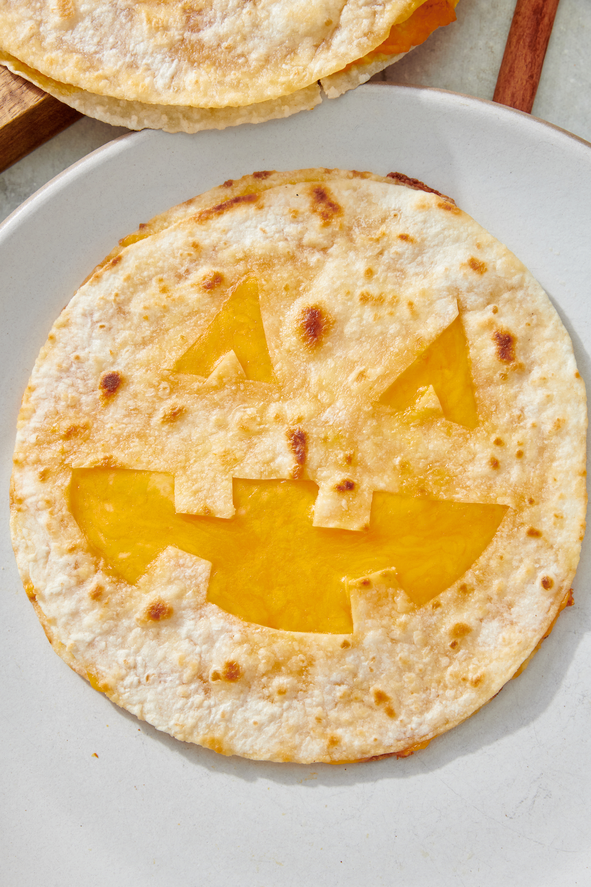 Cheese jack-o'-lantern quesadilla.