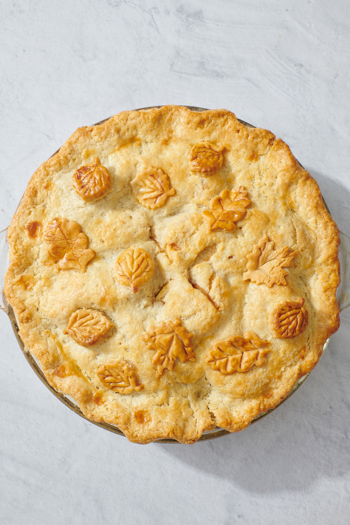 Baked apple pie with leaf cutouts for decoration.